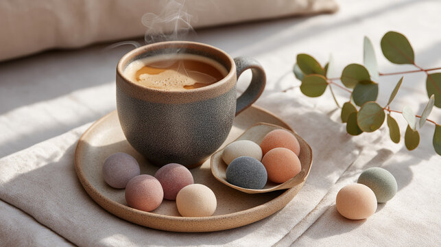Warm coffee with colorful macarons in sunlit setting with eucalyptus leaves