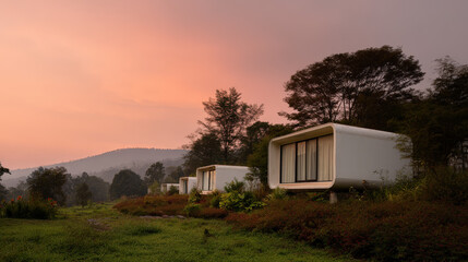 stunning eco hotel made up of modern capsule homes nestled among majestic mountains at sunset