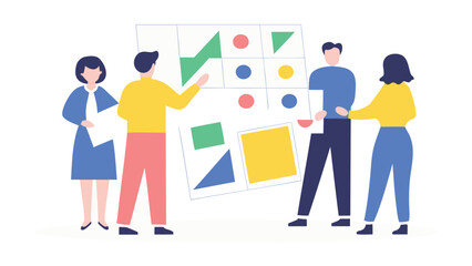 Diverse group of people collaborating and working together on a project in a bright pastel colored flat design scene symbolizing teamwork and productivity