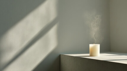 soft glowing candle on gray background emitting delicate wispy smoke that dances upward