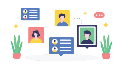 Minimalist pastel vector art illustration depicting a group chat concept with abstract communication elements and soft color gradients