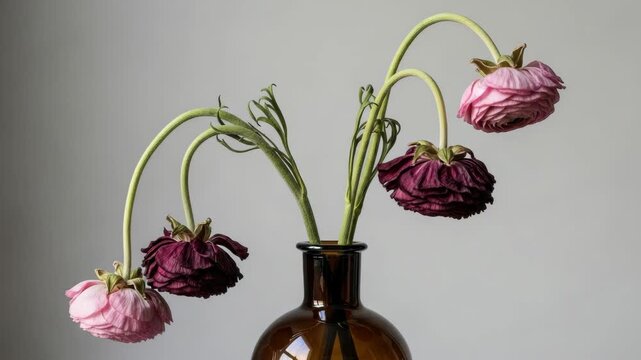 A time lapse triptych of wilting pink and purple ranunculus flowers in a glass vase. Conceptual still life symbolizing the passage of time, aging, and ephemeral beauty
