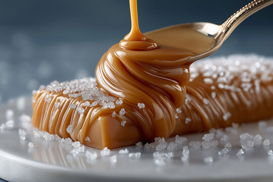 Luxurious caramel drizzle on sweet bar with sugar crystals
