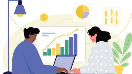 Modern office interior with two professionals collaborating on a project at a desk showcasing a realistic 3d rendering of a business environment