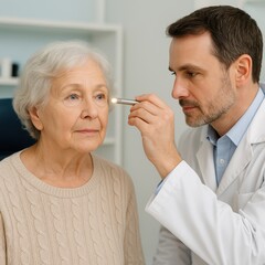 Senior Woman Eye Exam with Ophthalmologist Using Flashlight in Clinic
