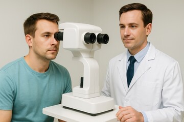 Male patient undergoing binocular eye exam with ophthalmologist using diagnostic device in modern clinic, concept of vision test, ophthalmology and professional eye care
