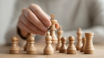 Hand moving chess piece on wooden board strategic gameplay