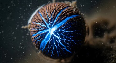 Close-up of a glowing blue lightning bolt inside a transparent sphere, creating an electrifying and futuristic visual effect