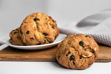 Homemade baked goods. Cookies with raisins and peanuts. Cookie photo for recipes, advertising, articles, posts.