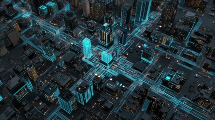 Abstract aerial view of city buildings with network data overlay - Powered by Adobe