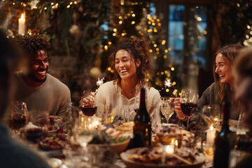A warm and joyful holiday gathering where friends share laughter, conversation, and good food. Sparkling lights and festive decorations fill the background as everyone sits around a beautifully set di
