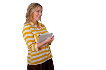 Woman smiling, holding tablet, using digital technology for business, communicating and networking on transparent background