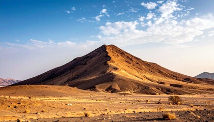 A majestic desert mountain bathed in golden sunlight, with arid plains and sparse vegetation stretching towards a vibrant blue sky dotted with clouds.