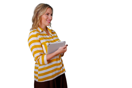 Woman smiling, holding tablet, using digital technology for business, communicating and networking on transparent background