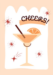 a glass with a cold drink, stars,  applause. a sweet with dessert, lemon, a seasonal  cute postcard. with festive applause, for banner, social media, postcard, print. vector art illustration