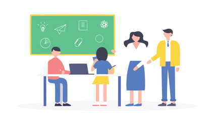A vibrant flat design illustration depicting educators and students engaging in a positive learning environment showcasing collaboration and knowledge sharing
