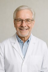 Smiling senior dentist in white coat and glasses, vertical portrait with friendly expression