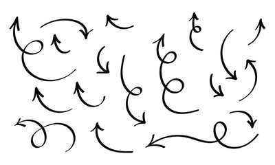Curved black isolated modern abstract vector arrow icon set. Hand-drawn curved arrow set background. Black curved hand-drawn arrow icon set on white background. EPS 10. 