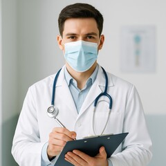 Young doctor with protective mask writing in medical file, healthcare documentation in clinic