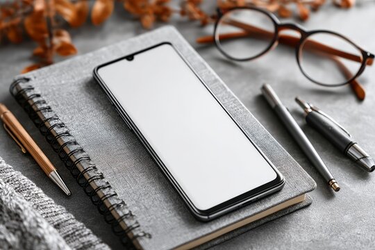 Smartphone laying on top of a notebook with blank screen surrounded by pens and glasses top view