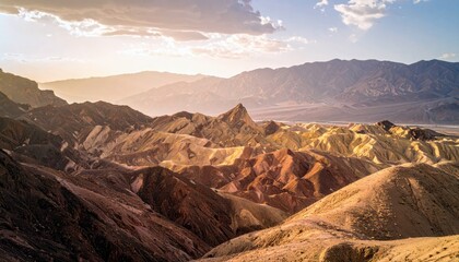 A vast, rugged landscape of colorful badlands and distant mountains bathed in the warm, golden light of sunset or sunrise.