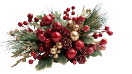 Festive Christmas arrangement with red berries pine greenery golden ornaments and decorative pinecones for seasonal holiday decoration isolated on white background