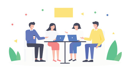 Diverse group of people engaged in a positive and collaborative discussion depicted in a clean flat vector style with vibrant colors