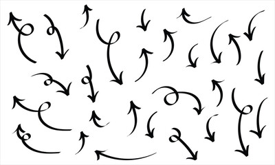 Black curved hand-drawn arrow icon set on white background. Curved isolated modern abstract vector arrow icon set. Hand-drawn curved arrow set background. EPS 10. 