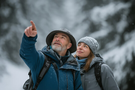 Mature caucasian couple enjoying winter hike in snowy forest - Powered by Adobe