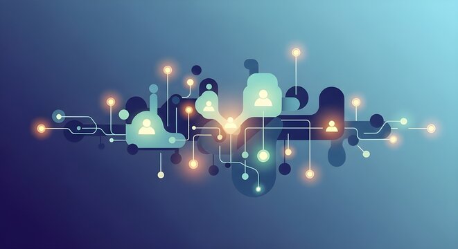 Abstract glowing network with connected user icons, symbolizing digital communication, data links, and modern online connectivity on a smooth gradient background.