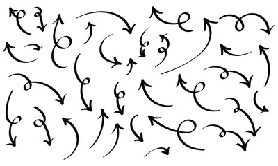 Black curved hand-drawn arrow icon set on white background. Curved isolated modern abstract vector arrow icon set. Hand-drawn curved arrow set background. EPS 10. 
