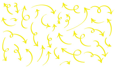 Obraz premium Yellow glowing hand-drawn curved arrow icon set on white background. Doodle curved arrow set on white background. Modern vintage arrow icon. EPS 10. 