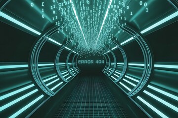Futuristic glowing tunnel with binary code and error 404 message digital