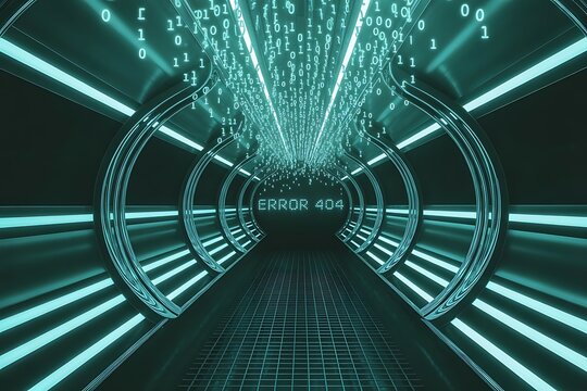 Futuristic glowing tunnel with binary code and error 404 message digital