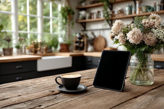 Tablet with blank screen propped up on a kitchen counter near a coffee cup casual home environment