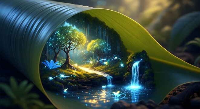 A magical and vibrant scene of a glowing forest with sparkling lights, a flowing waterfall, and lush trees captured inside a large leaf, creating a surreal natural landscape
