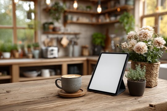 Tablet with blank screen propped up on a kitchen counter near a coffee cup casual home environment