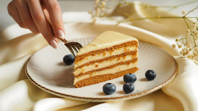 Slice of layered honey cake with blueberries on a plate