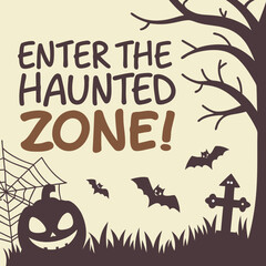 Obraz premium Enter the haunted zone with pumpkin, bats, spiderweb, tree and cross in a spooky halloween illustration