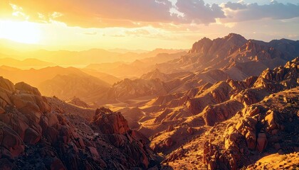 A vast, arid mountain landscape bathed in the warm, golden light of sunset, showcasing rugged terrain and distant peaks.