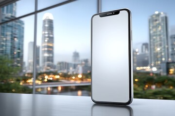 Smartphone standing vertically on glass table with urban reflections and blank screen for mockup