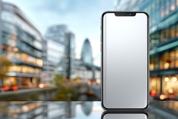 Smartphone standing vertically on glass table with urban reflections and blank screen for mockup