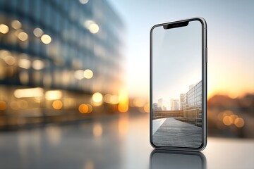 Smartphone standing vertically on glass table with urban reflections and blank screen for mockup