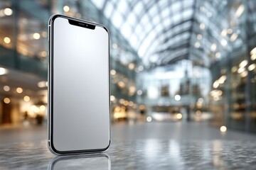 Smartphone standing vertically on glass table with urban reflections and blank screen for mockup