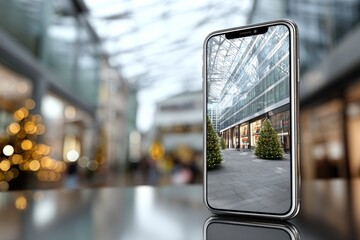 Smartphone standing vertically on glass table with urban reflections and blank screen for mockup
