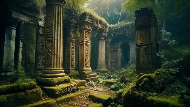 Ancient ruins in lush forest with overgrown columns and atmospheric lighting