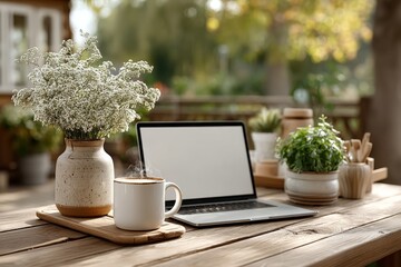 Laptop with blank screen on minimalist wooden desk with plant and coffee mug daylight scene