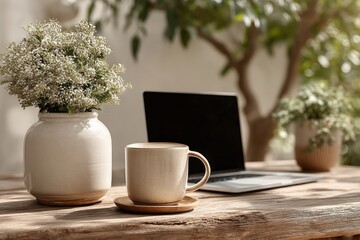 Laptop with blank screen on minimalist wooden desk with plant and coffee mug daylight scene