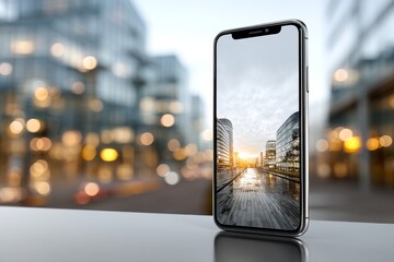 Smartphone standing vertically on glass table with urban reflections and blank screen for mockup