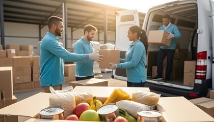 Man and woman volunteer loading cardboard boxes from a food bank van. Food distribution and charity event with a team of helpers.